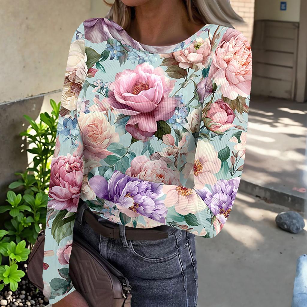 Women’s Casual Long Sleeve Ribbed Crew Neck Top with Floral Print Pullover Lightweight Stretchy Knitwear for Daily Wear
