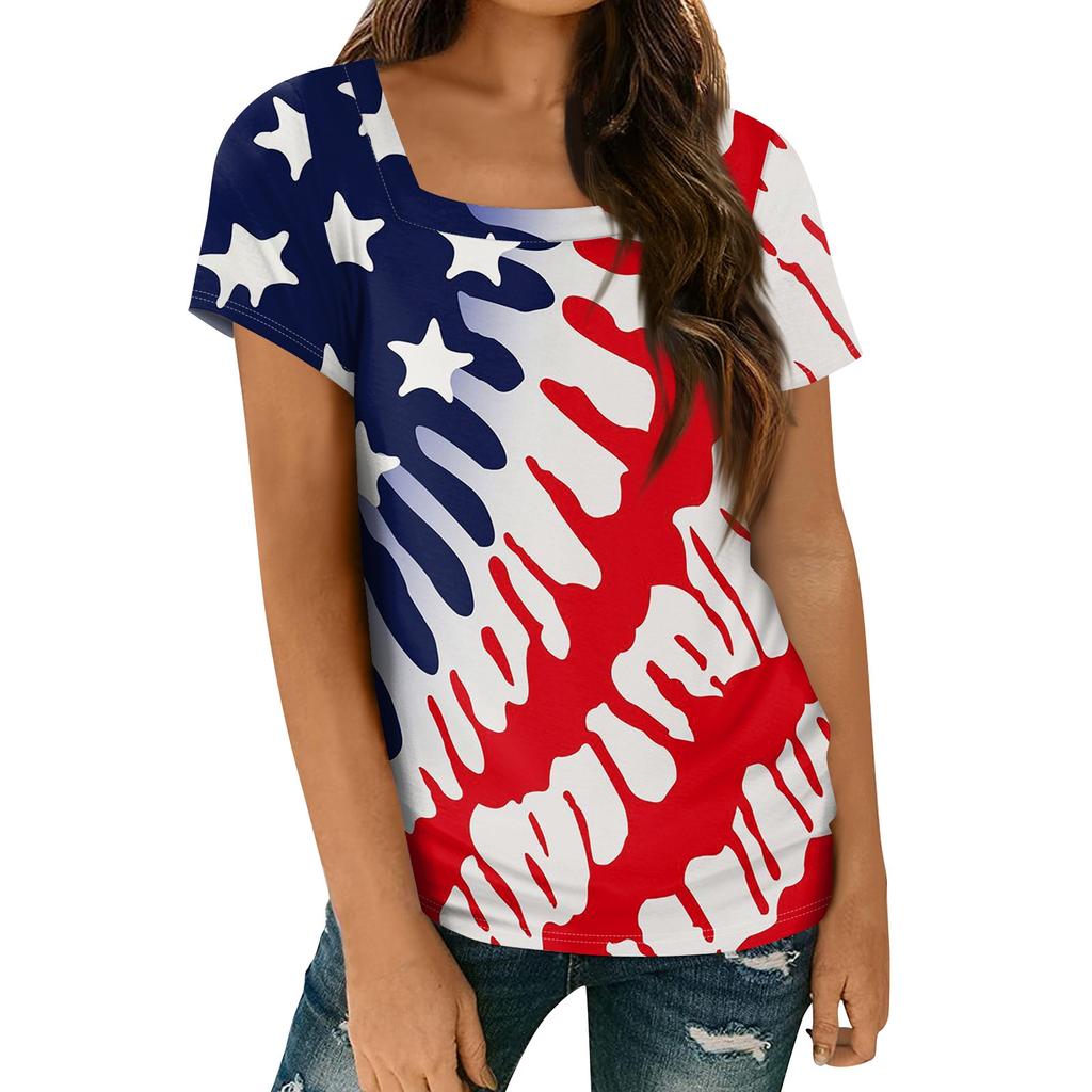 Women's Tops Spring Summer Casual T Shirt Short Sleeve Square Neck Basic Printed T Shirt