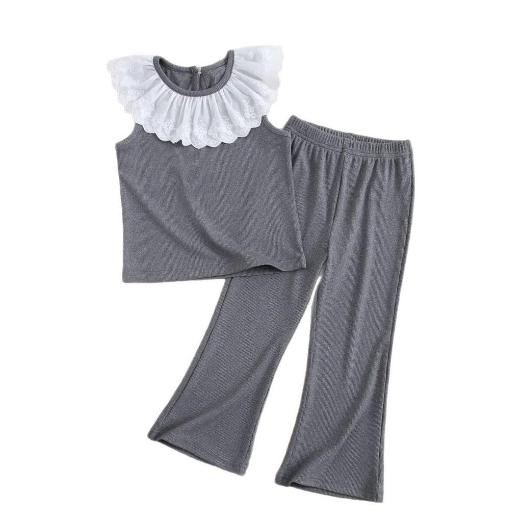 Cross-Border Girls' Summer Two-Piece Set: Ruffle Collar Vest with Flare Pants