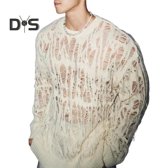 Pánské topy s kulatým výstřihem, s dlouhým rukávem, pletené tričko, pánské oblečení, retro, duté, síťované pletené topy, jarní streetové oblečení