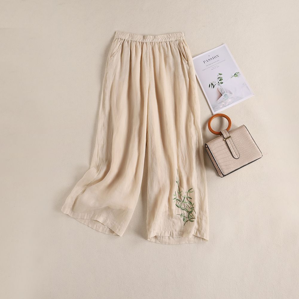 

Летние женские брюки свободного кроя из тонкого хлопка и льна, с эластичной талией, однотонные, с широкими штанинами, повседневные брюки с вышивкой XXXL абрикосовый