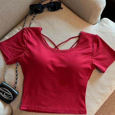 Sexy Mädchen rückenfreies, ausgeschnittenes Kurzarm-Oberteil mit Brustpolstern - Damen Petite Sommerdesign