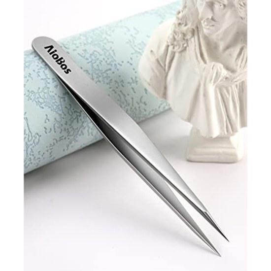 AioBos tweezers fine tip pointed 0.08mm precision heat-treated sandblasted eyebrow hair removal nose blackhead beard thorn unisex storage case easily