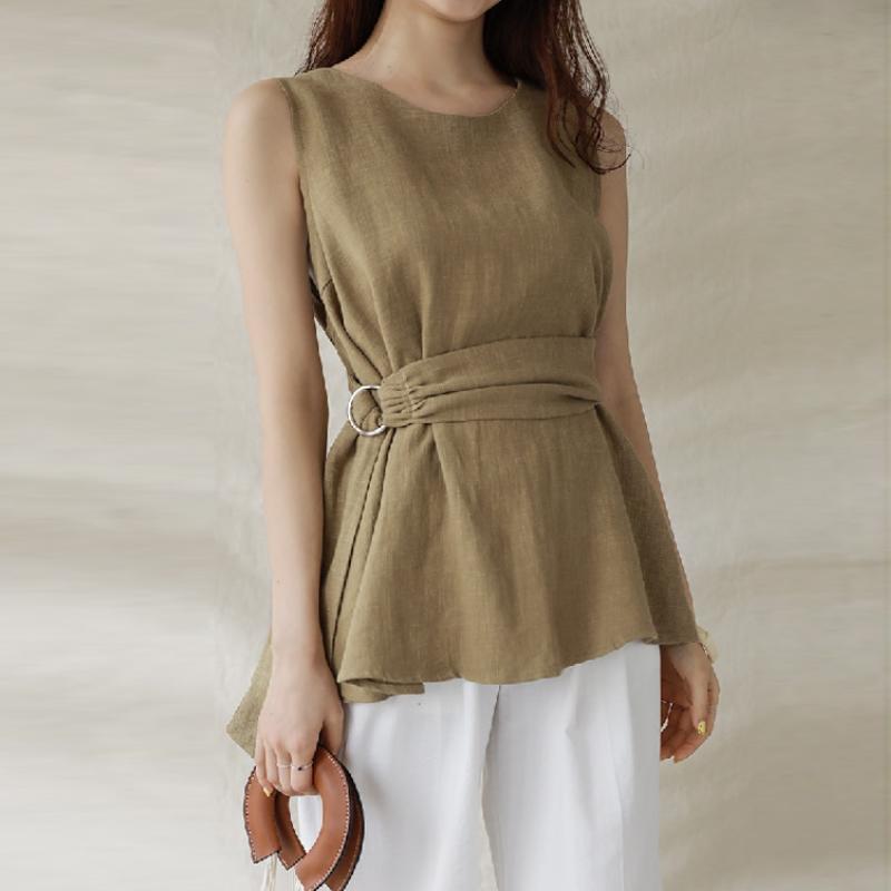 Summer O Neck Sleeveless Shirts With Belt Elegant Cotton Linen Blouse Women Casual Tops Fashion Solid Loose Clothes Blusas 27938