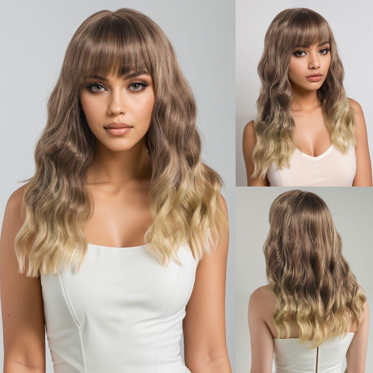 

Европейский и американский модный парик, длинные кудрявые волосы, женская челка, крупные волны, золотой градиентный цвет, синтетический парик на всю голову золотистый