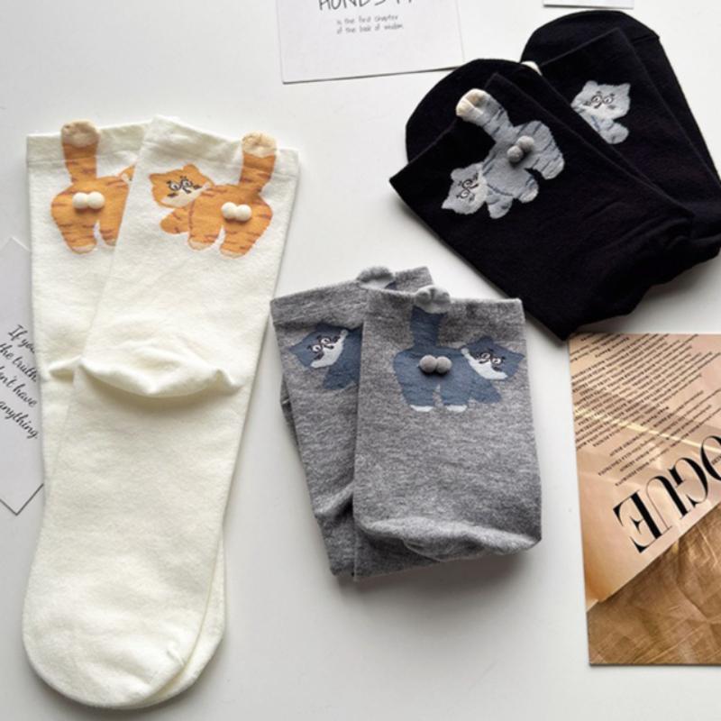 Cartoon Cat Female Mid Tube Socks Soft Comfortable Sweat Absorbing Breathable Casual Socks Three-Dimensional Cat Printed Socks