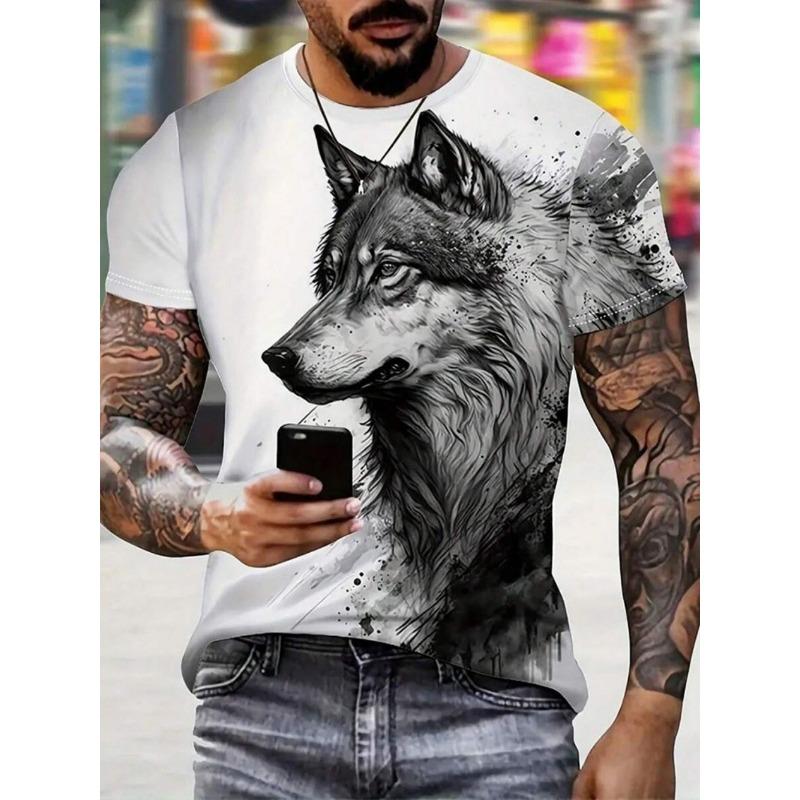 Fashionable summer men's domineering wolf print pattern breathable round neck T-shirt outdoor high street casual top