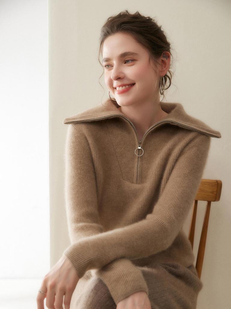 Damen Dick gestrickter Kaschmirpullover - Großer Reverskragen, Polo-Kragen mit halbem Reißverschluss, Vielseitige lockere Passform für Herbst und Winter