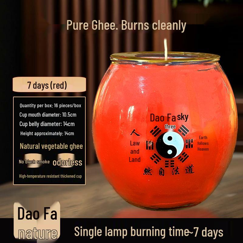 Ghee Oil Candle for Taoist Temple: 7-Day Smokeless Cylindrical Lamp