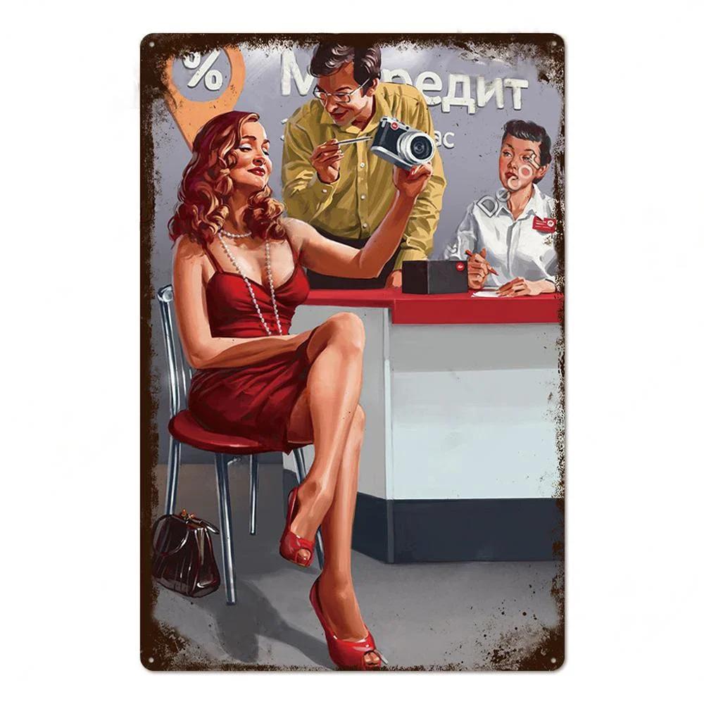 Vintage Russian Pin Up Girl Posters Wall Decor Metal Signs Tin Plaque Tin Signs Soviet Union Poster for Bar Pub Home