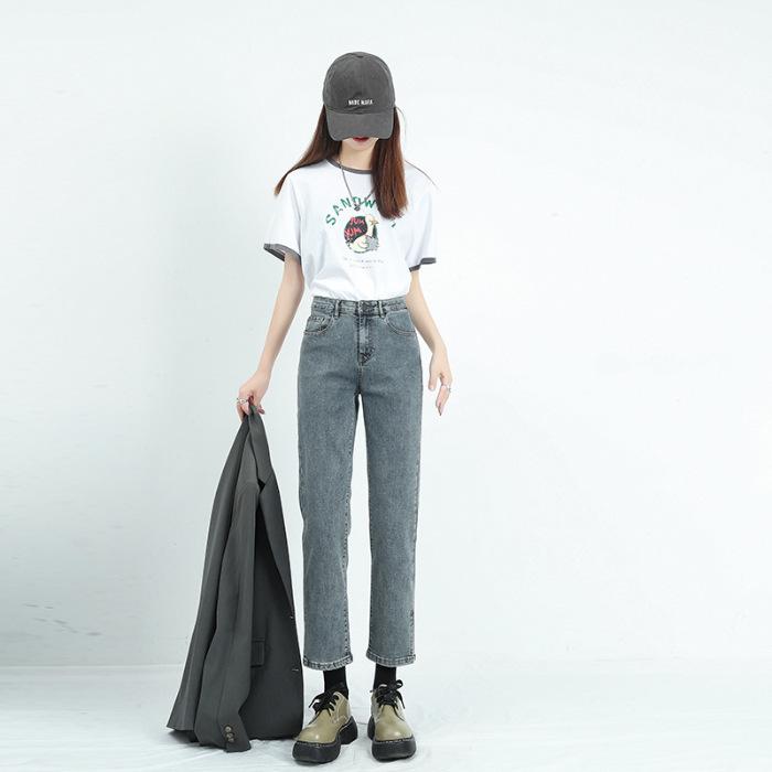 Slit Straight Jeans for Women, High Waist Straight Trousers for Women, Slim Hair, Nine-point Pants, Cigarette Pants for Women, Autumn