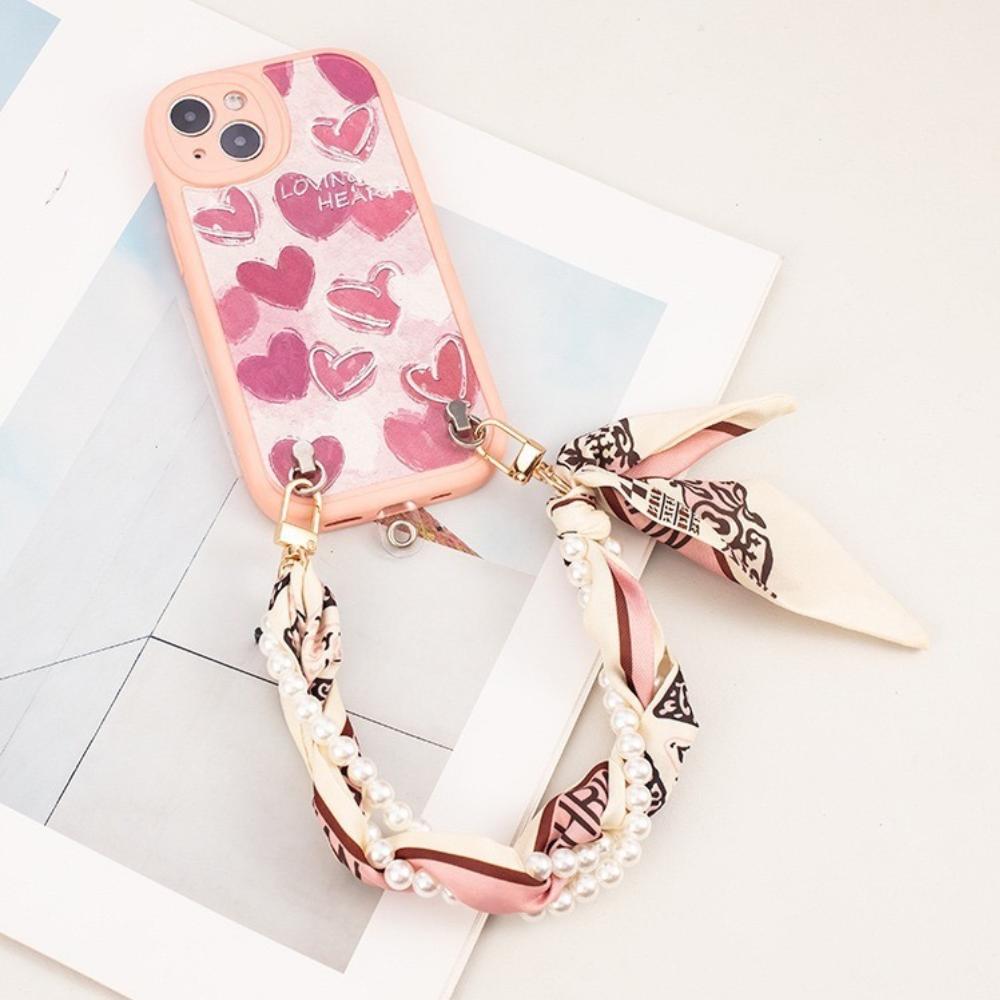 Mobile Phone Chain Network Red Short Rope Mobile Phone Lanyard Creative Ins Wind Pearl Mobile Phone Lanyard Double Buckle Braided Silk Scarf