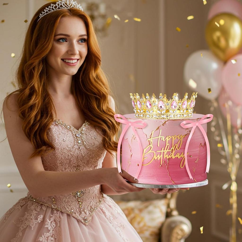 8Pcs Queen Crown Cake Topper Happy Birthday Princess Tiaras Headband with Bow Tie Wedding Cake Decorations Party Supplies