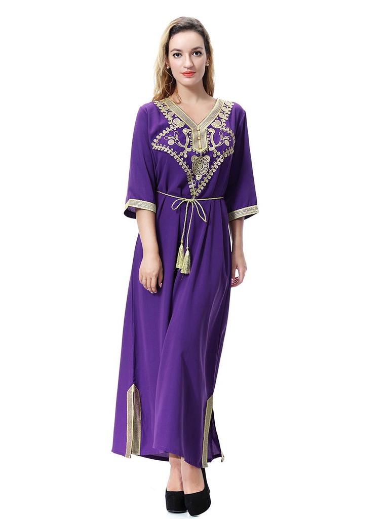 Damen Kurzarm Gold Floral Langes Kleid, TH920