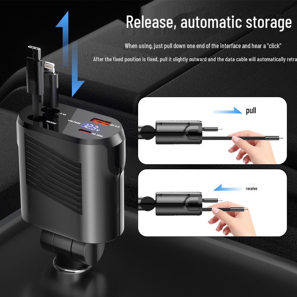120W Alloy Retractable Car Charger - Four-in-One Super Fast Charging Cable