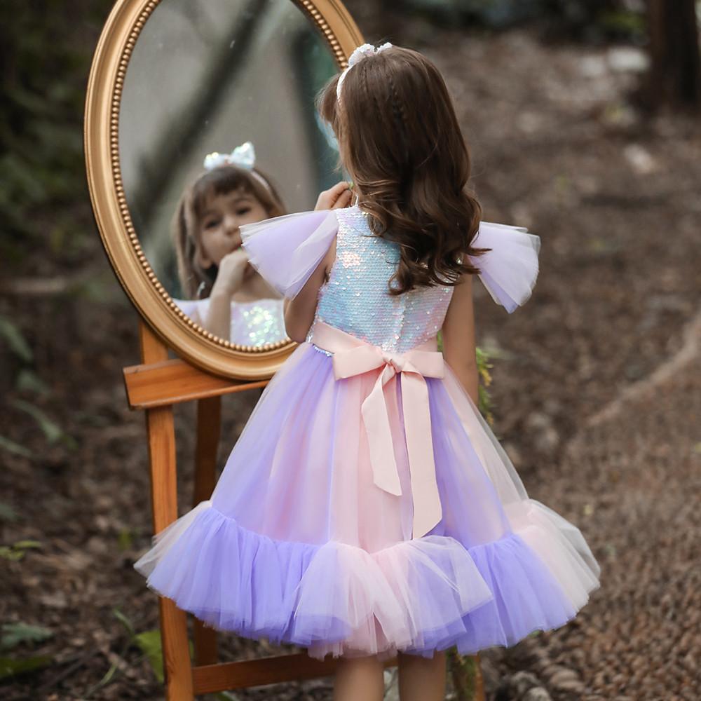 Çocuk Abiyeleri Elbiseler Payetli Çiçek Kız Yürüyüş Düğün Performans Elbiseleri Kız Çocuk File Panço Prenses Elbiseleri