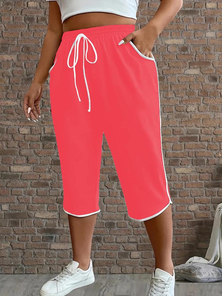 2026 Plus Size Women's Color Block Stretchy Cropped Pants - Comfortable & Sexy Sportswear Casual Pants