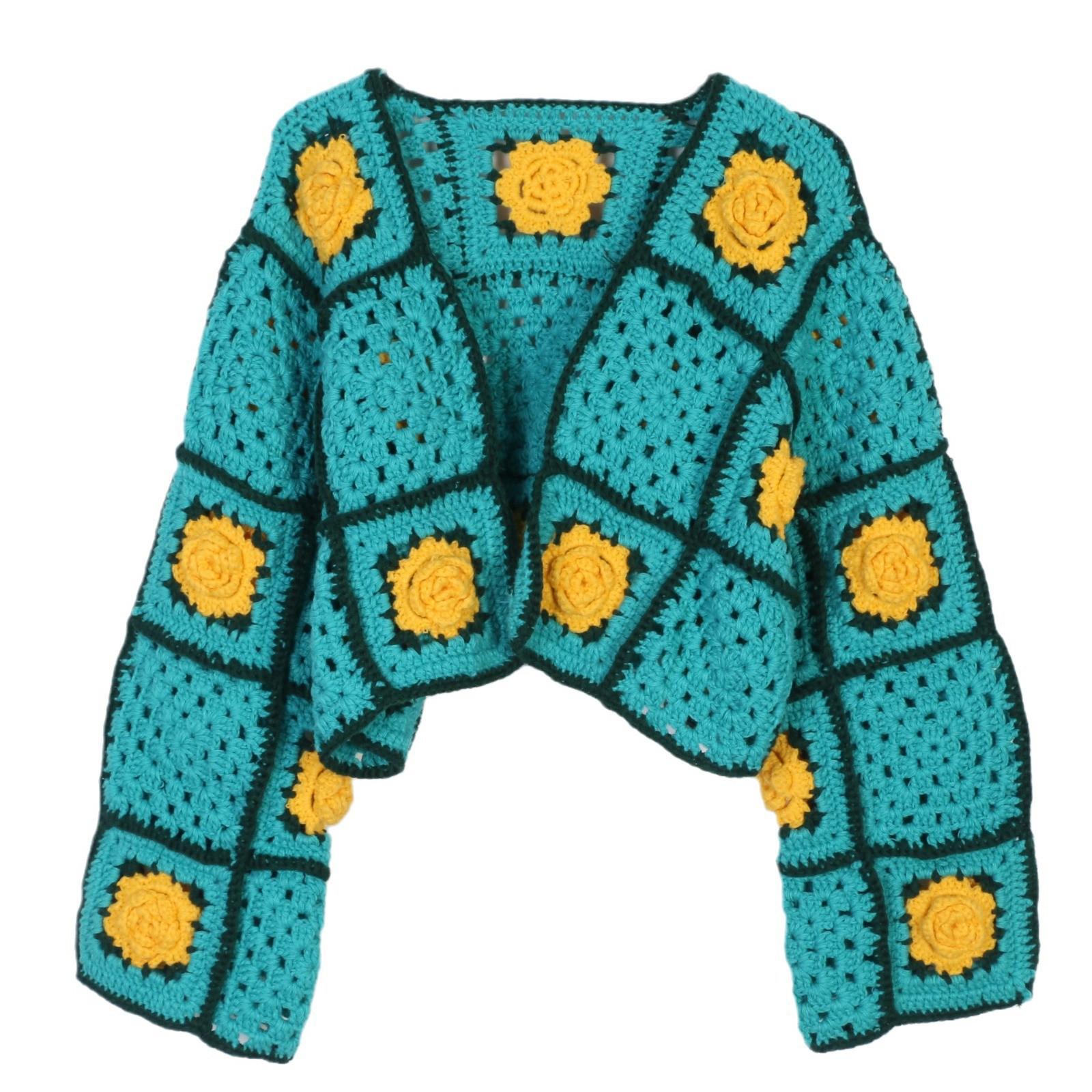 

Вязаный вручную европейский и американский 3D кардиган с розами: Уютный кардиган для осени/зимы M