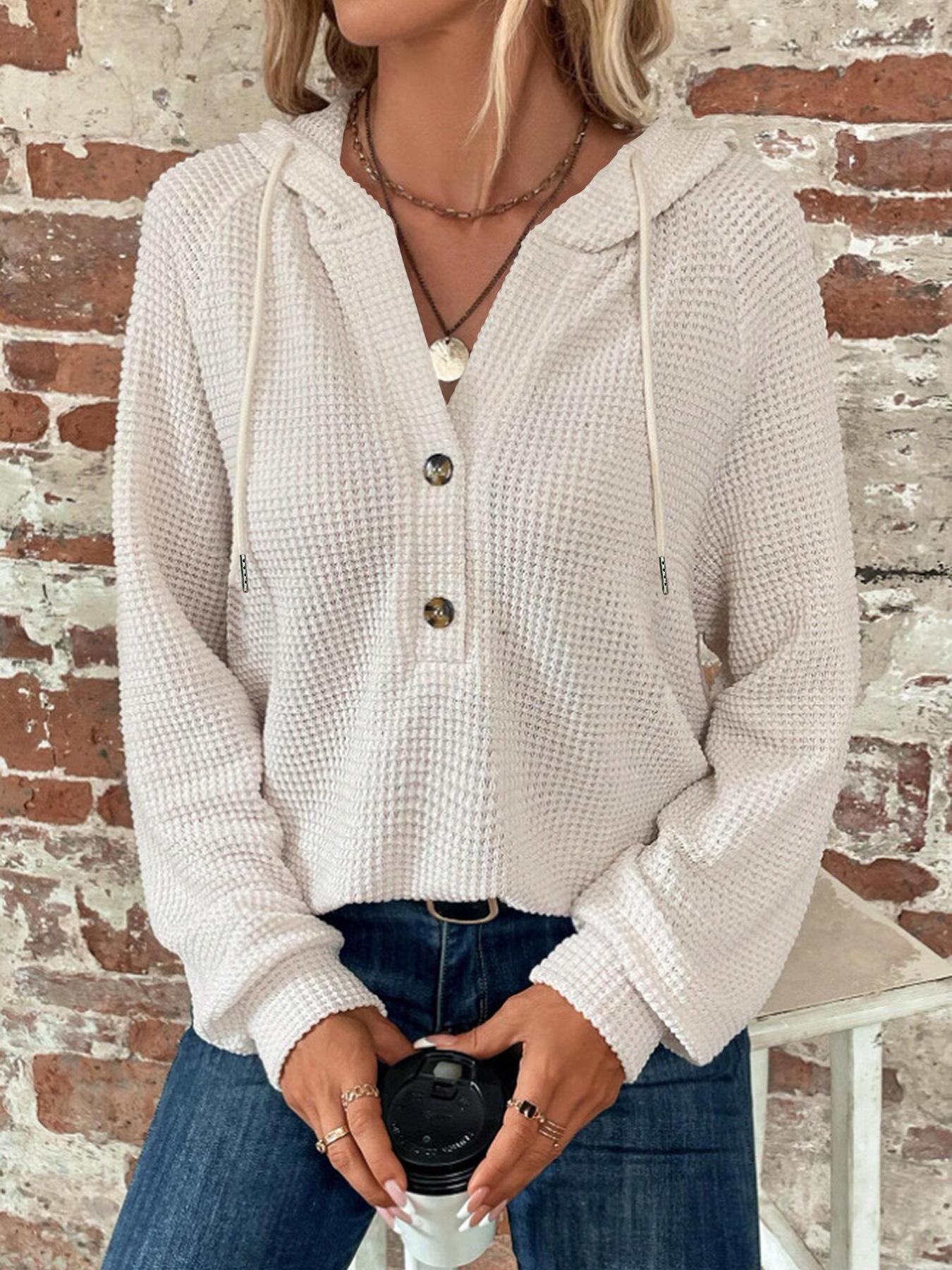 

Women s Autumn New Solid Color Long Sleeve Jacket with Hooded Button Waffle Loose Hoodie S білий