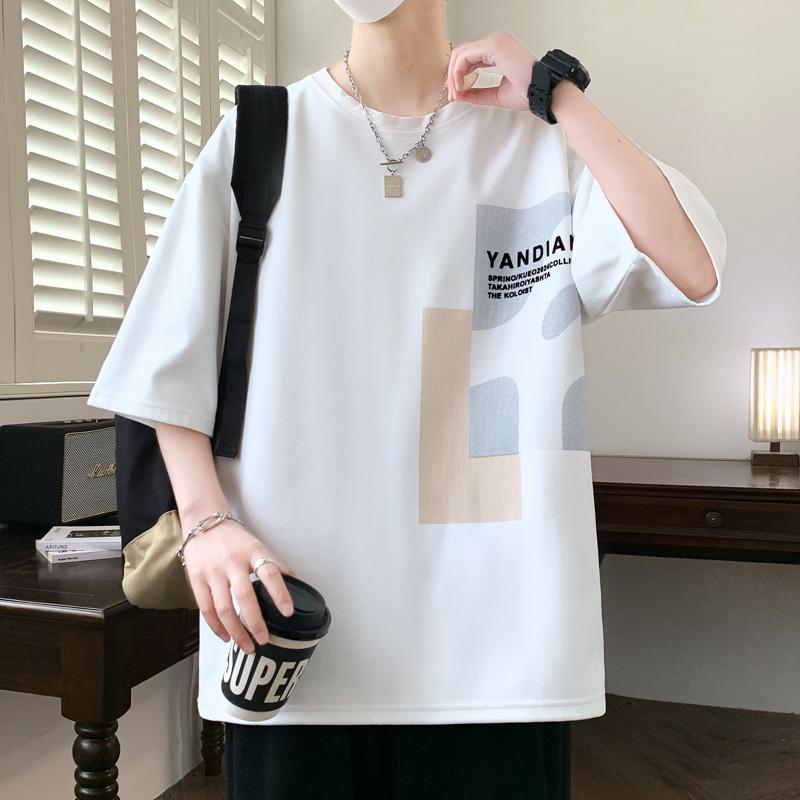 New Loose Flocking Printed Short-sleeved T-shirt Men's Teenagers' Fashion Casual Sports Top Summer