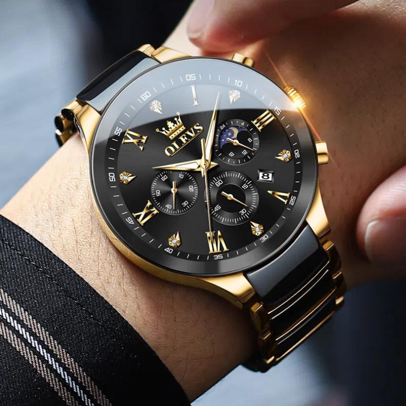 Großes Zifferblatt Keramik Quarz Armbanduhr Herren Drei-Augen-Timer 24-Stunden-Monatsanzeige Fenster Wasserdicht Nachtlicht Herrenuhr Business Herrenuhr