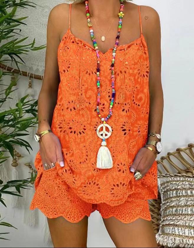 European-American Sleeveless Ruffle Camisole & Embroidered Shorts Set - 2023 Collection