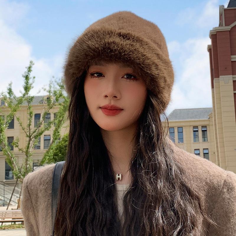 Autumn and Winter Hat Women's Solid Color Versatile Imitation Mink Mongolian Hat Winter Imitation Fur Warm Bucket Hat Thick