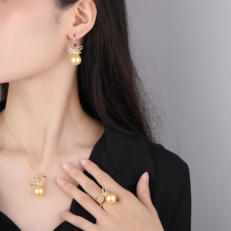 Jewelry Copper Bottom Gold-Plated Inlaid Light Gold Beads Bow Diamond-Set Female 14Mm