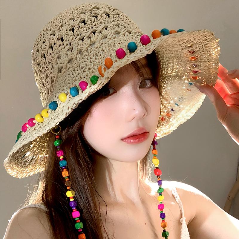 Hyunya wind colored bead straw hat women's summer hollow foldable sunshade sunscreen hat big brim beach bucket hat