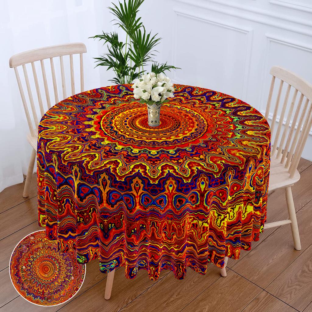 1 Piece Circular Tablecloth With Green Red Flower Waterproof Colorful Terrace Table Cover Multi-Purpose 63 Inch Totem Tablecloth
