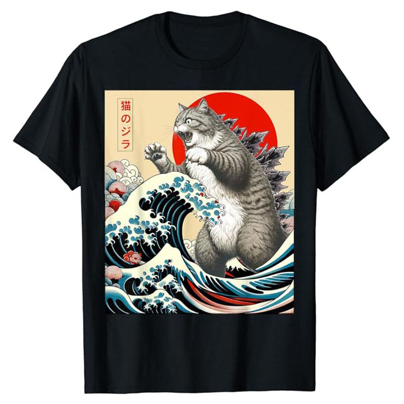 Catzilla Cat Japanese Art Funny Cat Gifts for Men Women Kid T-Shirt Humorous Kitty Graphic Outfits Cute Kitten Lover Saying Tee