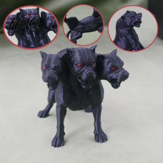Mythical Animal Ornament 3D Printed Three-Headed Dog Figurine 3 Heads Black Sculpture