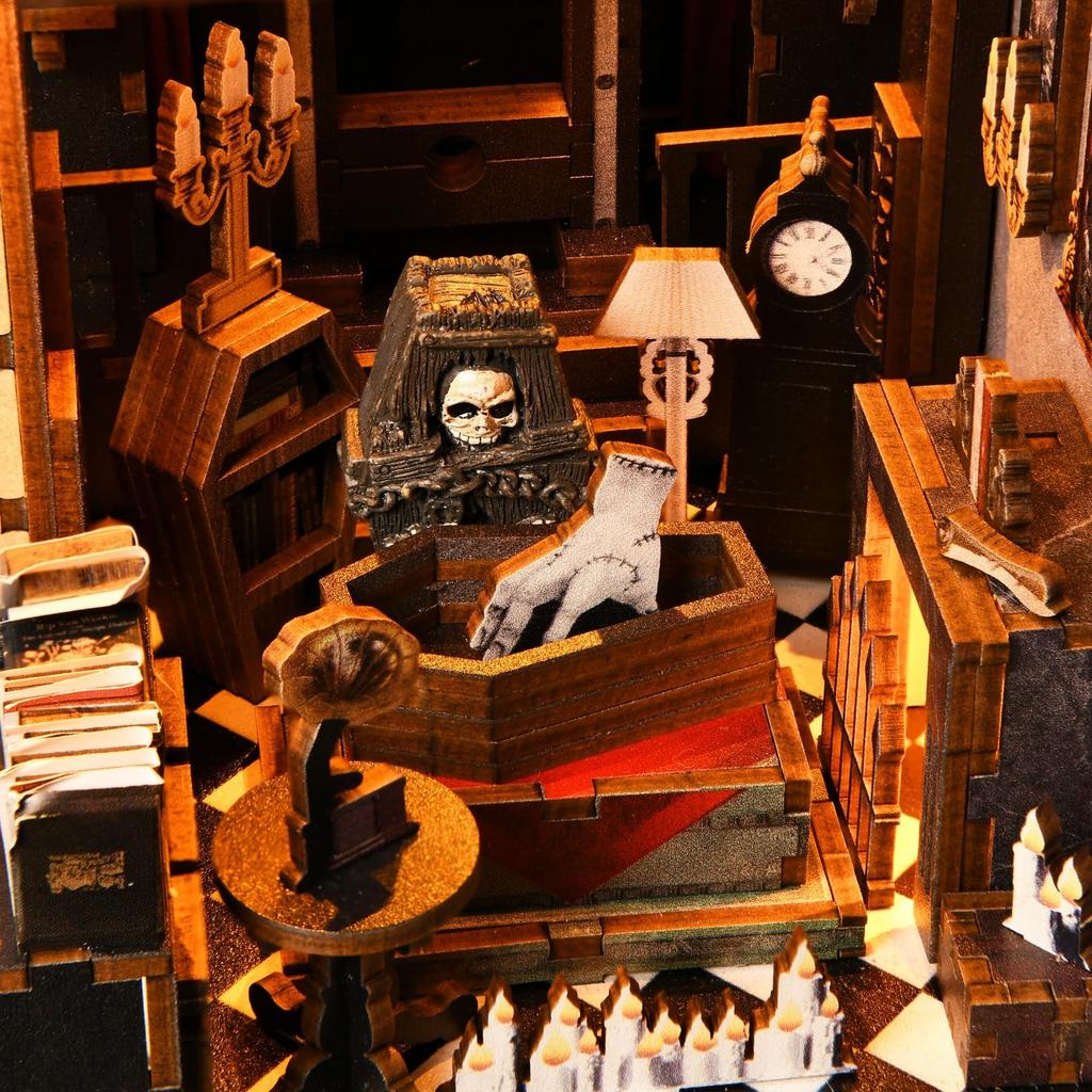 CRESYMME Book Nook Dollhouse Leeds Miniature House Log House Kit Wooden 3D Puzzle Handmade for Adults with LED Light (Dark Family)