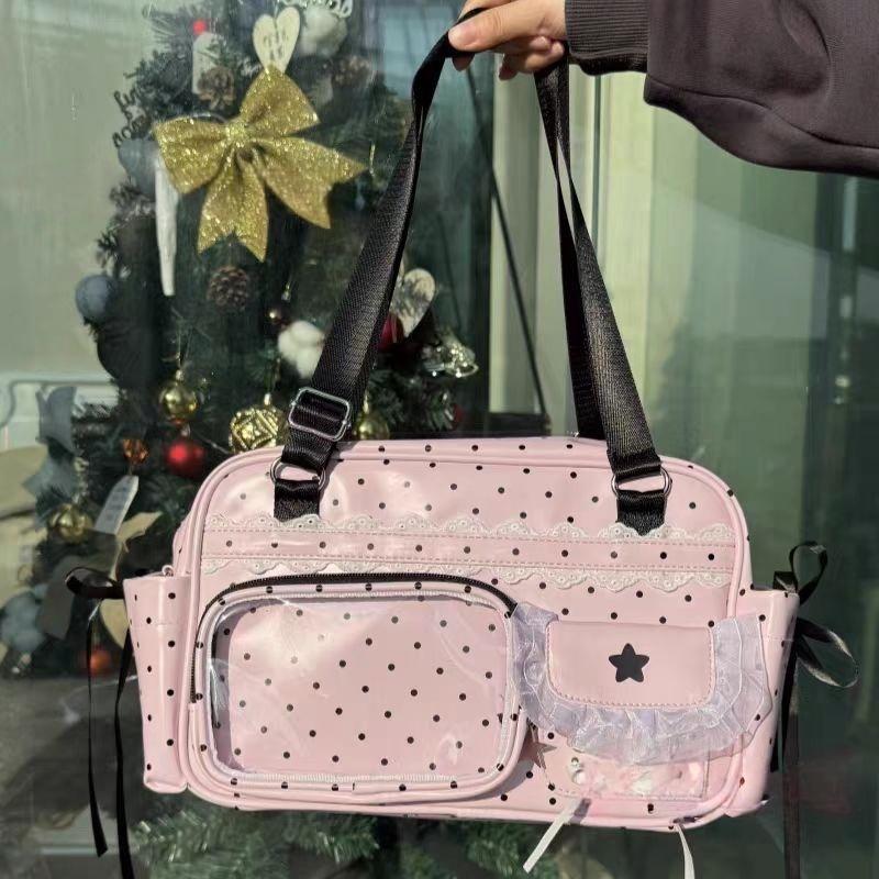 Polka Dot Ita Bag With Lace Bow Decor Women Transparent Pocket Shoulder & Handheld Dual-use Bag Lolita Style Daily Commute Bag