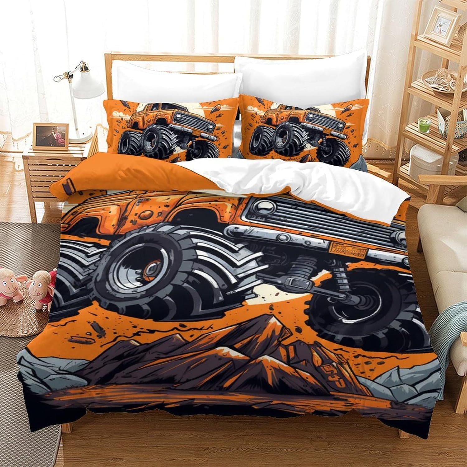 Dinosaur Monster Truck Duvet Cover Single Soft Microfiber Bedding Sets,Monster Truck Comforter Cover with Zipper for Kids Adults 135x200cm