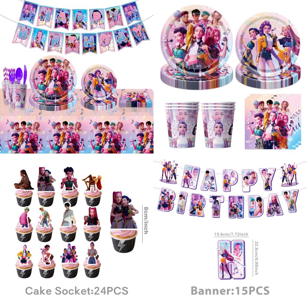 K Pop Demon Hunters Party Paper Plates Cups Napkins Set With Balloons For Birthday Celebration