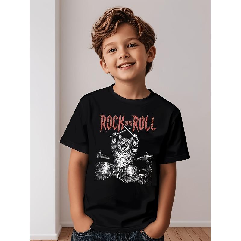 European sizes Retro Rock Drummer Cat Vintage Drum Cat Retro Music Series Short Sleeve T-Shirt for Kids And Children, Casual Wear 110