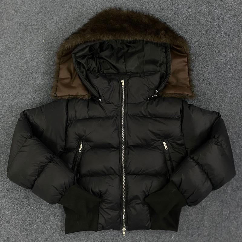 

Уличная мода Y2K: съемный меховой воротник, однотонный топ на молнии с застежкой на талии, зимнее короткое утягивающее пальто для женщин. S чёрный