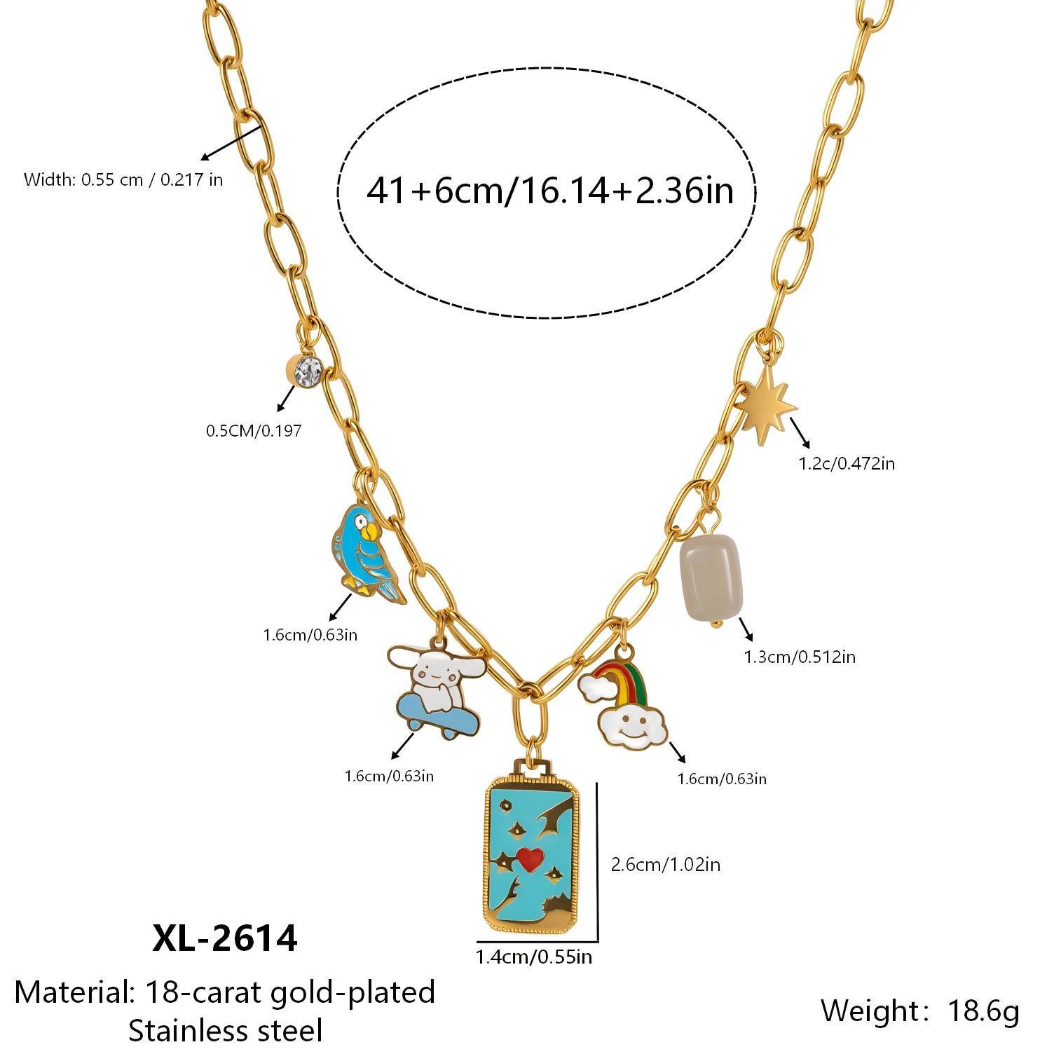 Cross-border Fashion Anime Series Stainless Steel Parrot Puppy Tarot Card Rainbow Cloud Pendant Necklace 18K