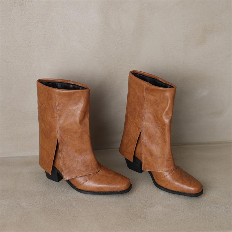 Winter Damen umklappbare Stiefeletten Rot Schwarz Braun Hoher Blockabsatz Quadratische Spitze Lässig Kleid Dame zum Hineinschlüpfen Klappbare Kurze Stiefel