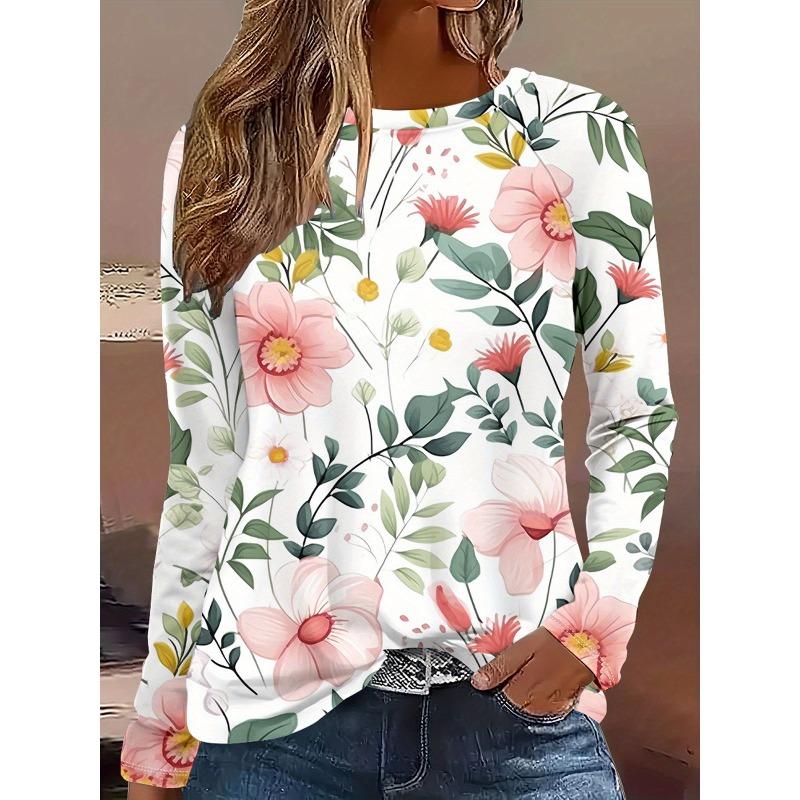 Round Neck 3D Flower Pattern Top Casual Long Sleeved Women's T-shirts - Soft Medium Stretch Polyester Fabric Spring and Autumn Relaxed Fit Clothing