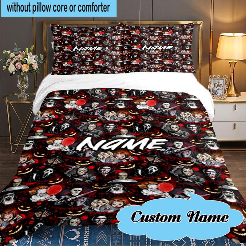 Custom Name 3PCS Ghostface Horror Theme Bedding Set Including 1pc Duvet Cover And 2pcs Pillowcases for Bedroom, Dormitory Gift Home Decor