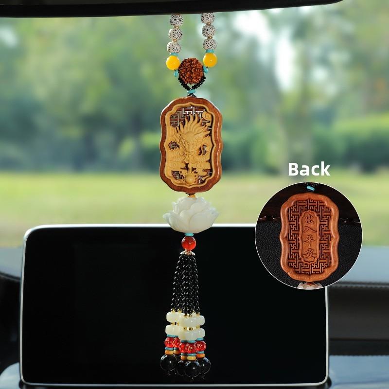 Traditional Car Pendant With Peach Wood Dragon And Lotus For Safe Driving