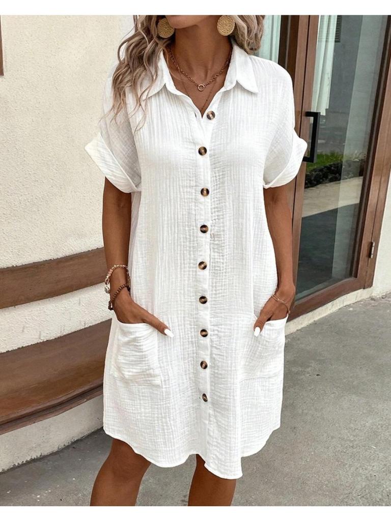 V-Kragen, einfarbiges Kleid mit Knöpfen, hohe Taille, elegantes Hemdblusenkleid für Damen, kurzärmelige, lockere Kleider, lässiges Kleid