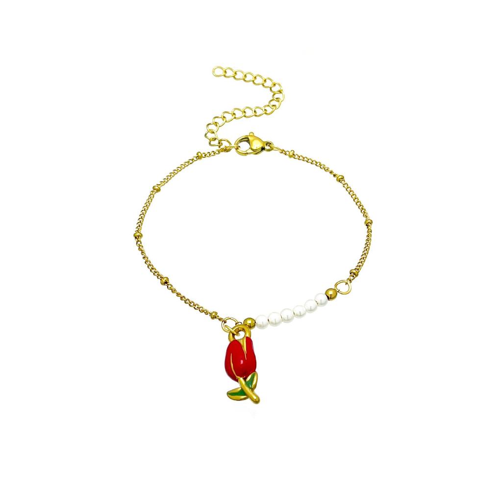 Rose Edelstahl Perlenkette mit floralem Tulpenanhänger für Damen