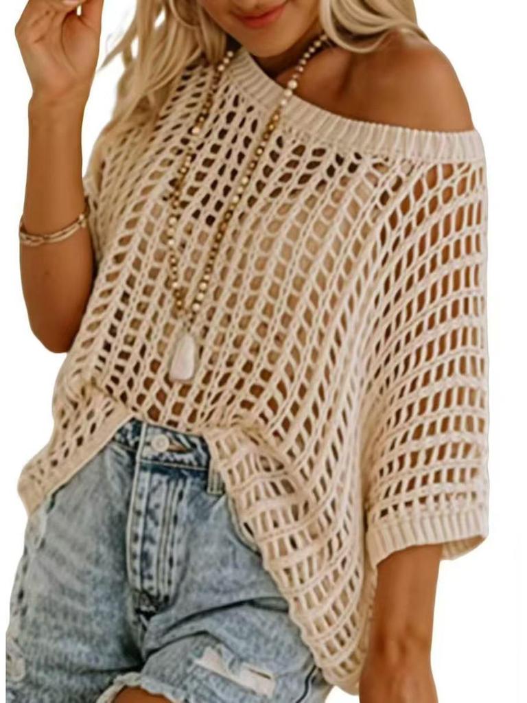European & American 2026 Summer Mesh Hollowed-Out Five-Sleeve Beach Cover-up Sunscreen.