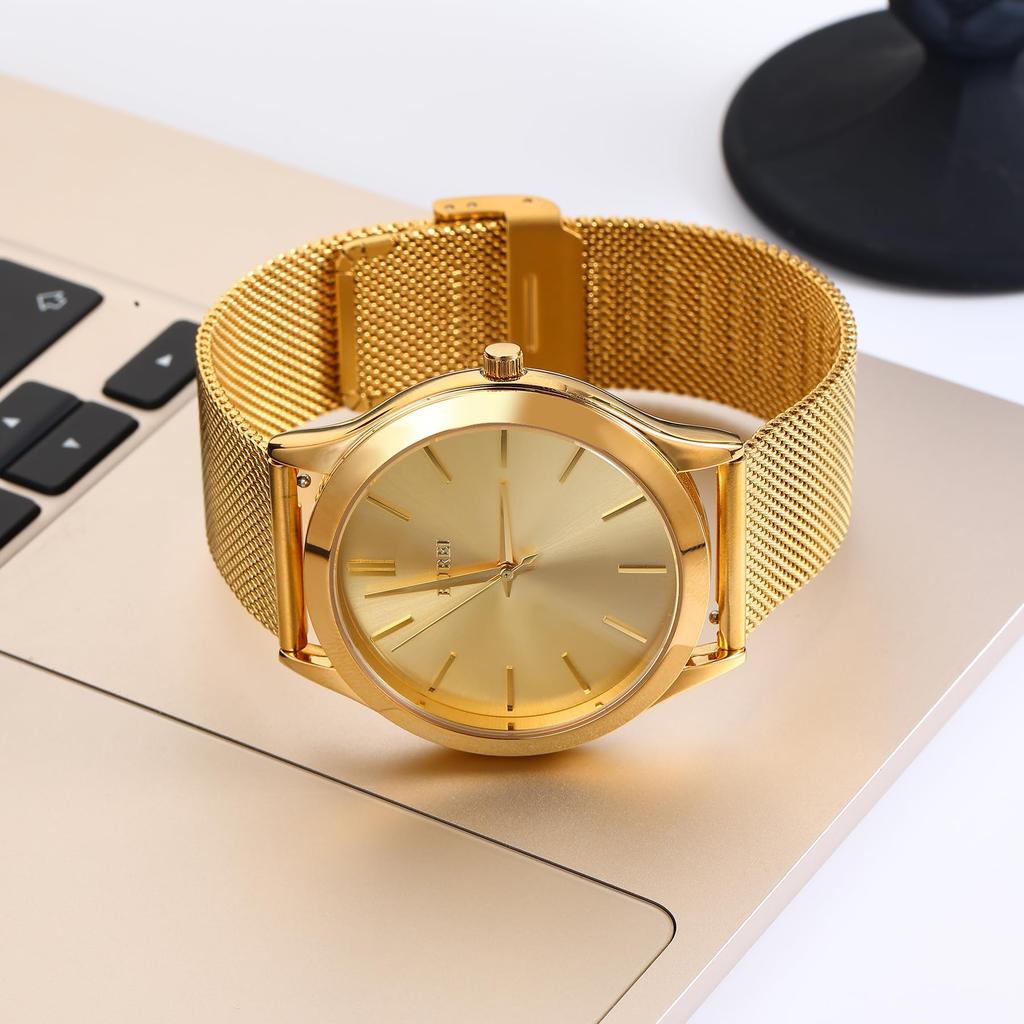 BUREI Analog Quartz Stainless Steel Strap Men's Watch, Waterproof, Popular, Slim, Simple, Stylish, Business, Casual, (Gold)