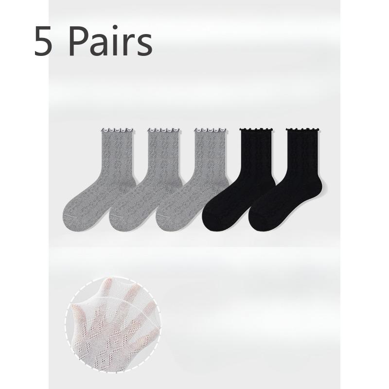 5 Pairs of Women's Summer Thin Style All Kinds of Mesh Hollow Wooden Ear Side Tube Stack Socks