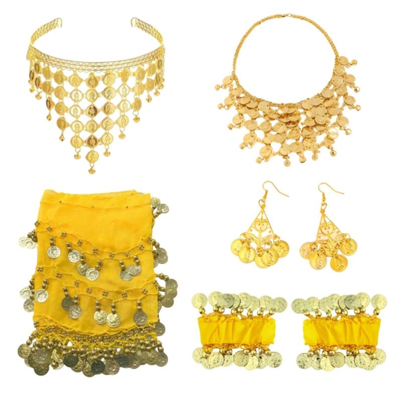 Belly Dance Costumes Bellydance Hip Scarf Wrist Bracelets Coin Head Scarf Earrings Belly Dancer Outfit Set for Womens