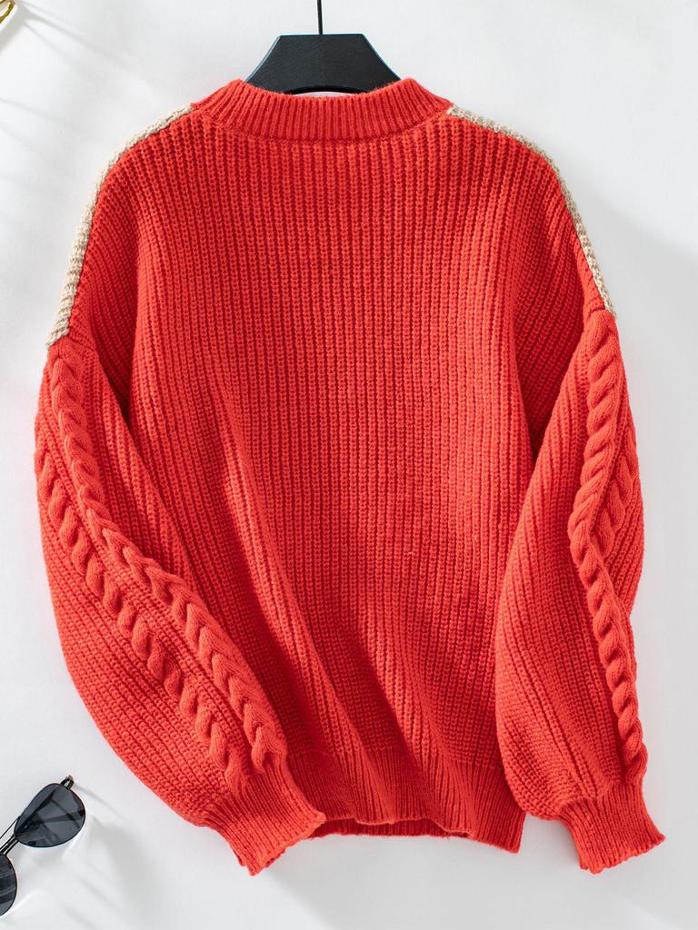 Color Block Cable Knit Crew Neck Pullover Sweater - Women's Autumn/Winter Loose Fit Knitwear